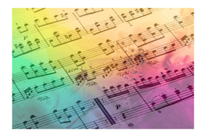 Vintage sheet music with purple, red, peach, yellow, green, and blue overlay wall print
