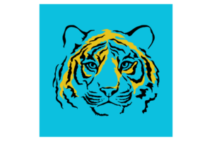 Drawing of tiger with yellow accents and turquoise background wall print