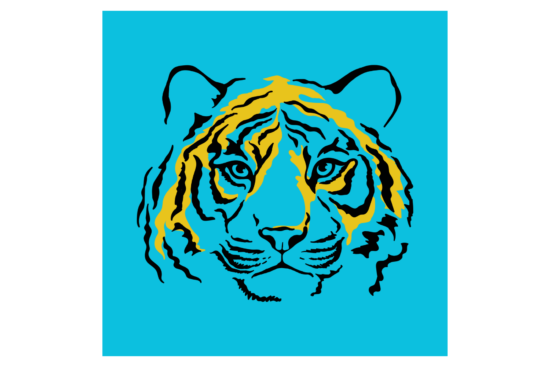 Drawing of tiger with yellow accents and turquoise background wall print