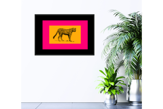 Leopard (similar to cheetah) ink-like drawing with orange, hot pink, and black rectangles around it print hanging on wall