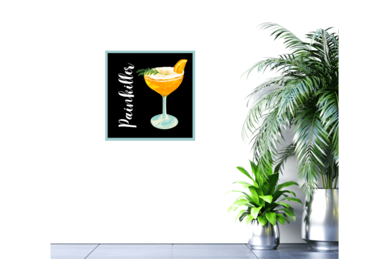 Orange painkiller cocktail with "Painkiller" word in white with black background print hanging on the wall