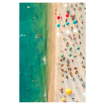 View of beach from above, lots of colorful umbrellas and people, wall print