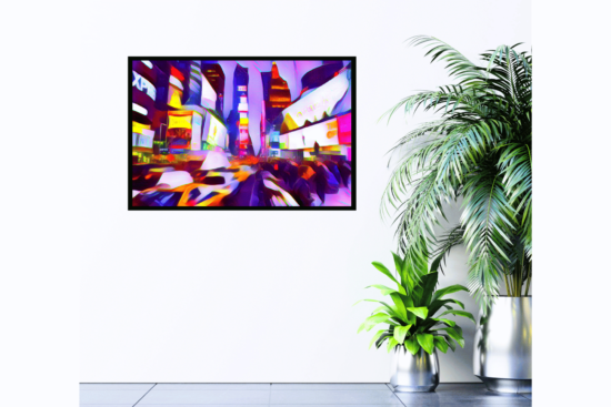 Abstract Manhattan (New York), purple and yellow, print on wall