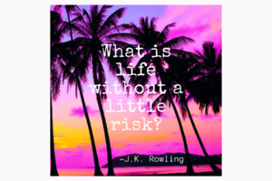 What is life without a little risk? quote by J.K. Rowling with palms trees and pink, purple, and yellow sky background wall print