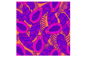 Pink and purple papayas and leaves with orange background wall print