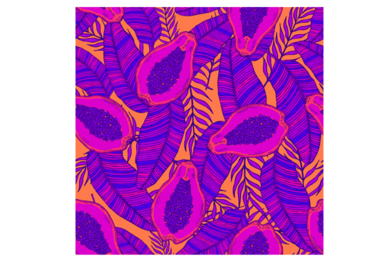 Pink and purple papayas and leaves with orange background wall print