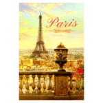 Paris word in red with view of Eiffel Tower, gold sky, wall print