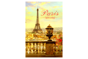 Paris word in red with view of Eiffel Tower, gold sky, wall print