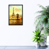 Paris word in red with view of Eiffel Tower, gold sky print on wall