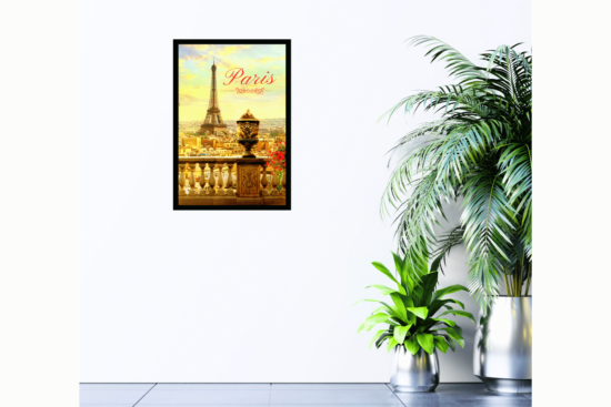 Paris word in red with view of Eiffel Tower, gold sky print on wall