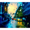 Rain on window in city, blue and yellow color scheme, wall print