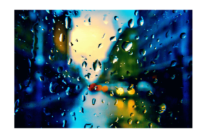 Rain on window in city, blue and yellow color scheme, wall print