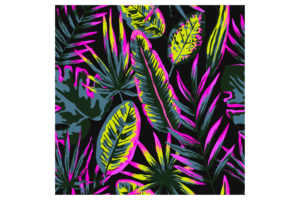 Tropical plants in yellow, pink, and blue with black background wall print