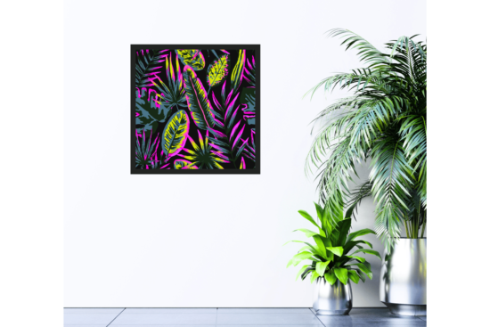 Tropical plants in yellow, pink, and blue with black background print on wall