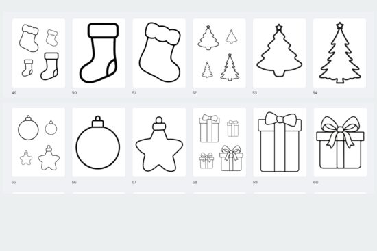 Christmas-themed shapes outlines, 12 pages